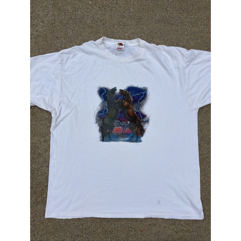 Vintage Fruit Of The Loom Horse And Lightning Graphic Nature White XL Shirt